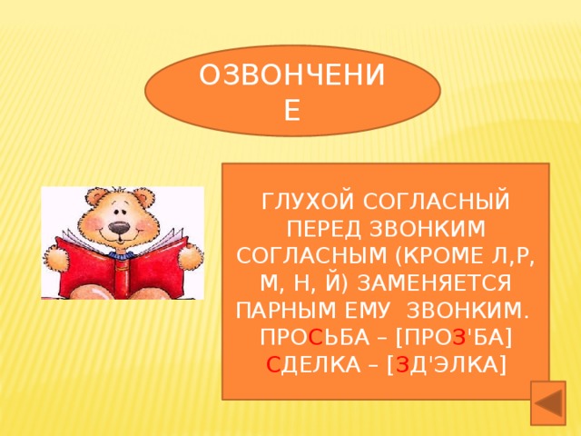 ОЗВОНЧЕНИЕ ГЛУХОЙ СОГЛАСНЫЙ ПЕРЕД ЗВОНКИМ СОГЛАСНЫМ (КРОМЕ Л,Р, М, Н, Й) ЗАМЕНЯЕТСЯ ПАРНЫМ ЕМУ ЗВОНКИМ. ПРО С ЬБА – [ПРО З 'БА] С ДЕЛКА – [ З Д'ЭЛКА]