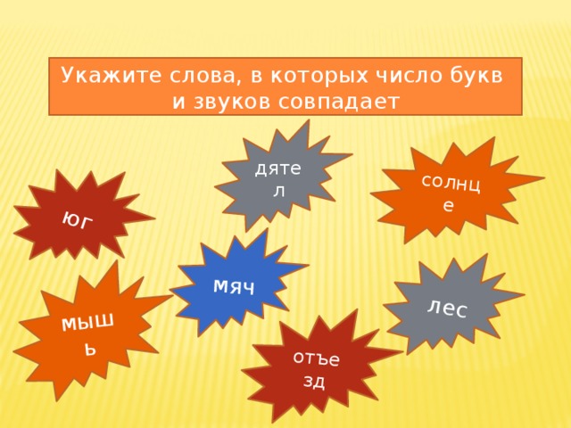 юг солнце мяч лес мышь отъезд Укажите слова, в которых число букв и звуков совпадает дятел