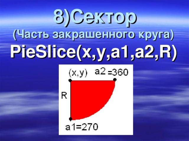 8)Сектор  (Часть закрашенного круга)   Рі eSl ісе(х,у,а1,а2, R )