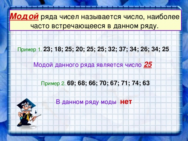 Модой  ряда чисел называется число, наиболее часто встречающееся в данном ряду. Пример 1. 23; 18; 25; 20; 25; 25; 32; 37; 34; 26; 34; 25 Модой данного ряда является число 25 Пример 2. 69; 68; 66; 70; 67; 71; 74; 63 В данном ряду моды  нет