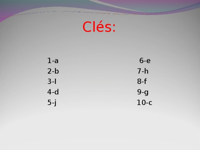 Clés : 1- a 6-e 2-b 7-h 3-I 8-f 4-d 9-g 5-j 10-c
