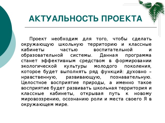 Актуальность проекта  Проект необходим для того, чтобы сделать окружающую школьную территорию и классные кабинеты частью воспитательной и образовательной системы. Данная программа станет эффективным средством в формировании экологической культуры молодого поколения, которое будет выполнять ряд функций: духовно – нравственную, развивающую, познавательную. Целостное восприятие природы, а именно такое восприятие будет развивать школьная территория и классные кабинеты, открывая путь к новому мировоззрению, осознанию роли и места своего Я в окружающем мире. 