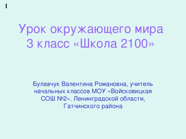 I Урок окружающего мира 3 класс «Школа 2100» Булавчук Валентина Романовна, учитель начальных классов МОУ «Войсковицкая СОШ №2». Ленинградской области, Гатчинского района