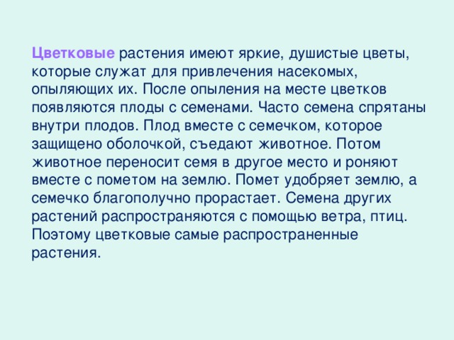 Цветковые растения имеют яркие, душистые цветы, которые служат для привлечения насекомых, опыляющих их. После опыления на месте цветков появляются плоды с семенами. Часто семена спрятаны внутри плодов. Плод вместе с семечком, которое защищено оболочкой, съедают животное. Потом животное переносит семя в другое место и роняют вместе с пометом на землю. Помет удобряет землю, а семечко благополучно прорастает. Семена других растений распространяются с помощью ветра, птиц. Поэтому цветковые самые распространенные растения.