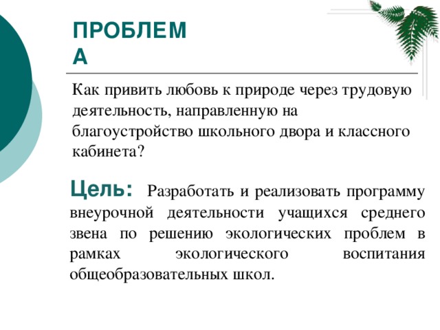 Проблема Как привить любовь к природе через трудовую деятельность, направленную на благоустройство школьного двора и классного кабинета? Цель:  Разработать и реализовать программу внеурочной деятельности учащихся среднего звена по решению экологических проблем в рамках экологического воспитания общеобразовательных школ.