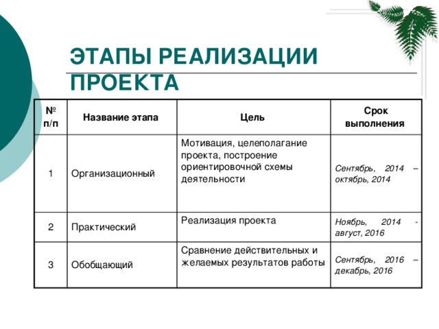 Этап реализации проекта не включает в себя процедуру