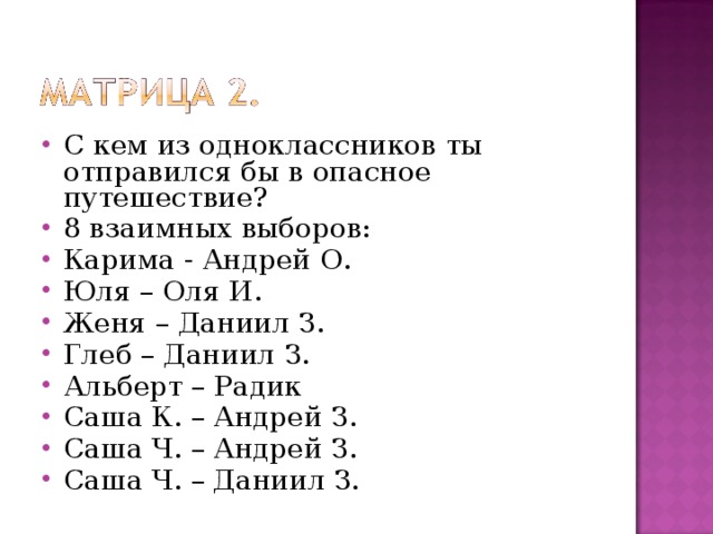 С кем из одноклассников ты отправился бы в опасное путешествие? 8 взаимных выборов: Карима - Андрей О. Юля – Оля И. Женя – Даниил З. Глеб – Даниил З. Альберт – Радик Саша К. – Андрей З. Саша Ч. – Андрей З. Саша Ч. – Даниил З.