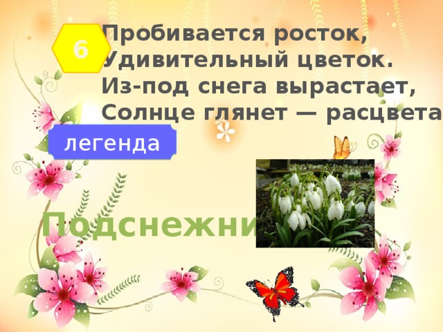 Пробивается росток, Удивительный цветок. Из-под снега вырастает, Солнце глянет — расцветает. 6 легенда Подснежник