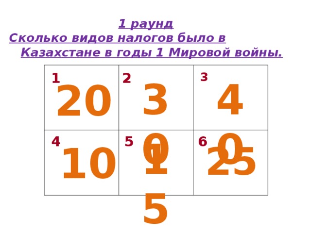 1 раунд Сколько видов налогов было в Казахстане в годы 1 Мировой войны. 1 2 3 30 40 20 15 4 5 6 10 25