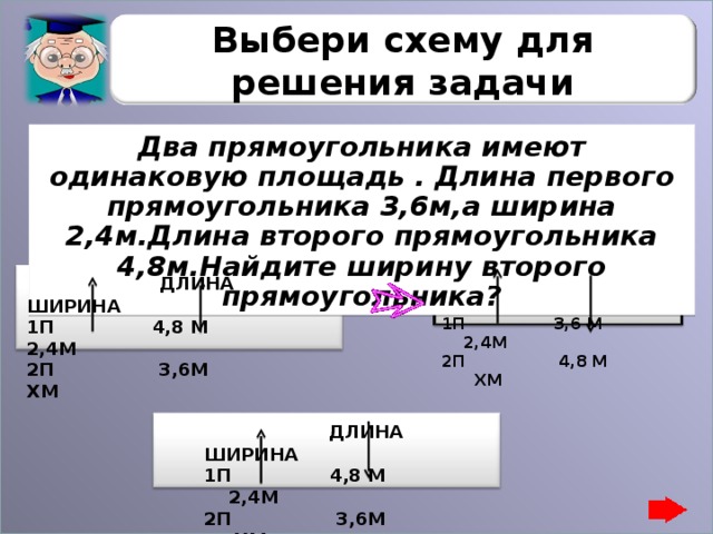 Выбери схему для решения задачи Два прямоугольника имеют одинаковую площадь . Длина первого прямоугольника 3,6м,а ширина 2,4м.Длина второго прямоугольника 4,8м.Найдите ширину второго прямоугольника?  ДЛИНА ШИРИНА 1П 4,8 М 2,4М 2П 3,6М ХМ    ДЛИНА ШИРИНА 1П 3,6 М 2,4М 2П 4,8 М ХМ   ДЛИНА ШИРИНА 1П 4,8 М 2,4М 2П 3,6М ХМ