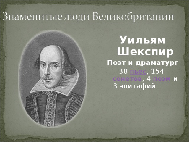 Уильям Шекспир Поэт и драматург 38  пьес , 154  сонетов , 4  поэм  и 3 эпитафий