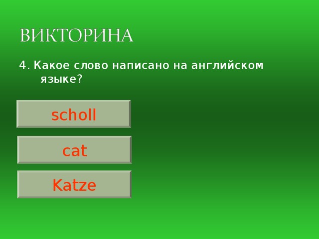 4. Какое слово написано на английском языке? scholl cat Katze