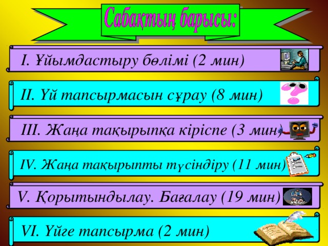 І. Ұйымдастыру бөлімі (2 мин)  ІІ. Үй тапсырмасын сұрау (8 мин)  ІІІ. Жаңа тақырыпқа кіріспе (3 мин)  IV . Жаңа тақырыпты түсіндіру (11 мин)  V . Қорытындылау. Бағалау (19 мин)  V І. Үйге тапсырма (2 мин)