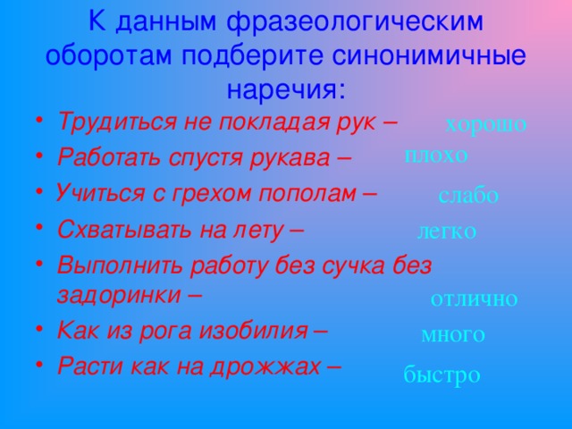 К данным фразеологическим оборотам подберите синонимичные наречия: Трудиться не покладая рук – Работать спустя рукава – Учиться с грехом пополам – Схватывать на лету – Выполнить работу без сучка без задоринки – Как из рога изобилия – Расти как на дрожжах – хорошо плохо  слабо легко отлично много быстро