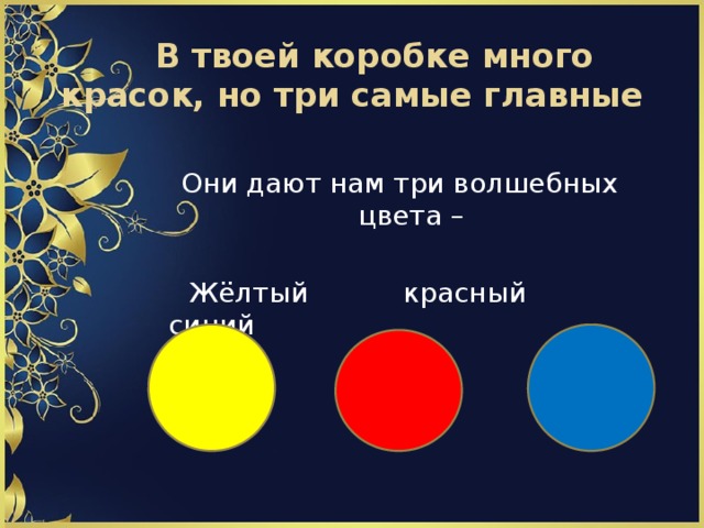В твоей коробке много красок, но три самые главные Они дают нам три волшебных цвета –  Жёлтый красный синий