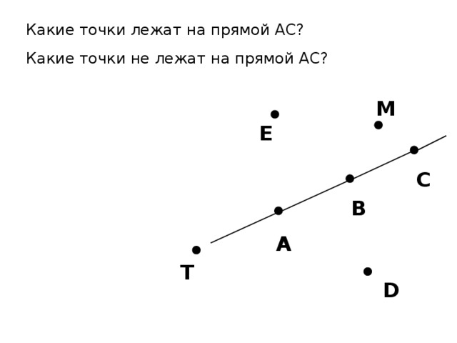 Какие точки лежат на прямой АС? Какие точки не лежат на прямой АС? M E С В А T D