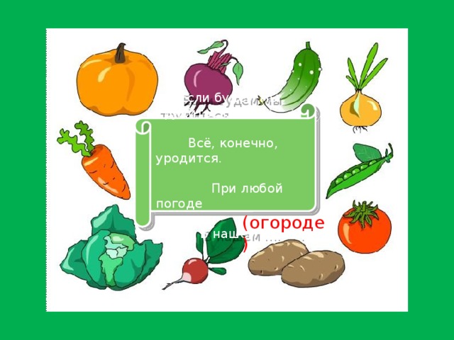 Если будем мы трудиться, Всё, конечно, уродится. При любой погоде В нашем …. . (огороде)