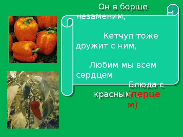 Он в борще незаменим, Кетчуп тоже дружит с ним, Любим мы всем сердцем Блюда с красным… . (перцем)