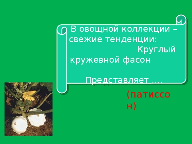 В овощной коллекции –свежие тенденции: Круглый кружевной фасон Представляет …. (патиссон)