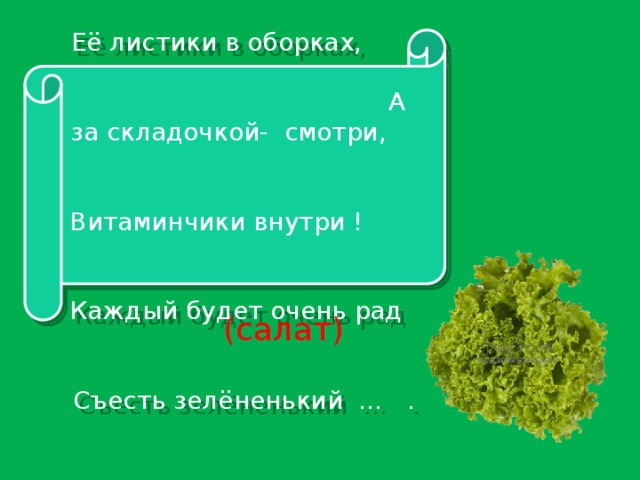 Словно юбочки на сборке Её листики в оборках, А за складочкой- смотри, Витаминчики внутри ! Каждый будет очень рад Съесть зелёненький … . (салат)