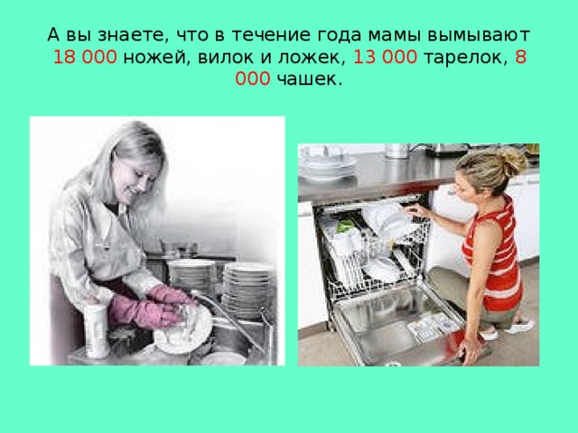 А вы знаете, что в течение года мамы вымывают 18 000 ножей, вилок и ложек, 13 000 тарелок, 8 000 чашек.