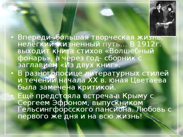 Впереди- большая творческая жизнь, нелёгкий жизненный путь… В 1912г. в ыходит книга стихов «Волшебный фонарь», а через год- сборник с заглавием «Из двух книг». В разноголосице литературных стилей и течений начала ХХ в. ю ная Цветаева была замечена критикой. Ещё предстояла встреча в Крыму с Сергеем Эфроном, выпускником Гельсингфорсского пансиона. Любовь с первого же дня и на всю жизнь!