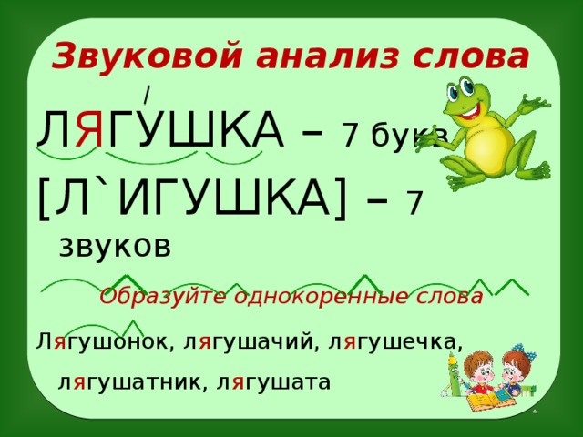 Звуковой анализ слова Л Я ГУШКА – 7 букв [Л`ИГУШКА] – 7 звуков Образуйте однокоренные слова Л я гушонок, л я гушачий, л я гушечка, л я гушатник, л я гушата