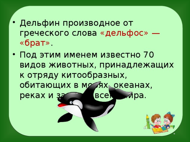 Дельфин производное от греческого слова «дельфос» — «брат» . Под этим именем известно 70 видов животных, принадлежащих к отряду китообразных, обитающих в морях, океанах, реках и заливах всего мира.