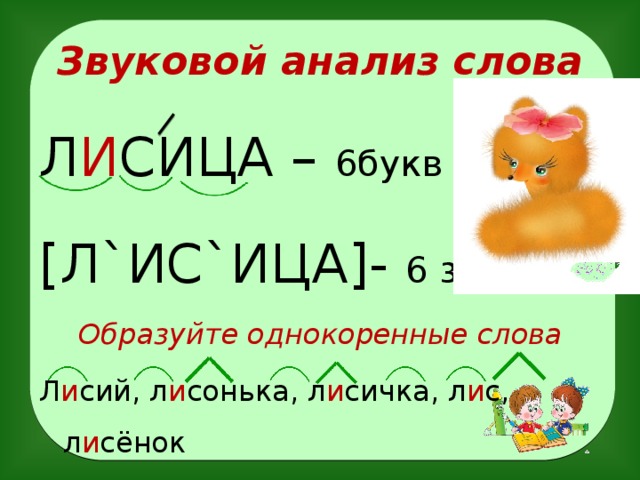 Звуковой анализ слова Л И СИЦА – 6букв [Л`ИС`ИЦА]- 6 звуков Образуйте однокоренные слова Л и сий, л и сонька, л и сичка, л и с, л и сёнок