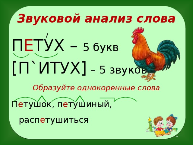 Звуковой анализ слова П Е ТУХ – 5 букв [П`ИТУХ] – 5 звуков Образуйте однокоренные слова П е тушок, п е тушиный, расп е тушиться