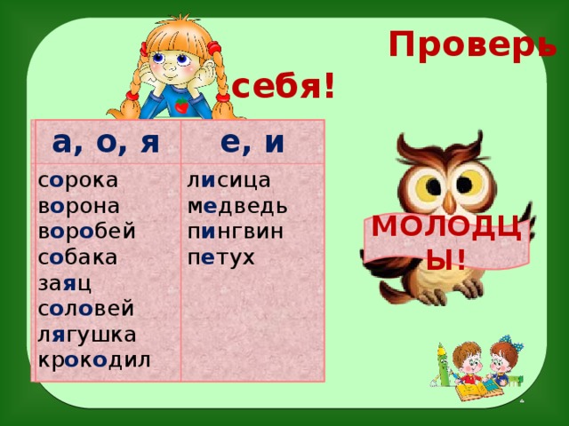 Проверь себя! а, о, я а, о, я е, и е, и с…рока с о рока л…сица в…рона л и сица в о рона м…дведь м е дведь в…р…бей в о р о бей с о бака п…нгвин п и нгвин с…бака п…тух п е тух за я ц за…ц с…л…вей с о л о вей л…гушка л я гушка кр…к…дил кр о к о дил МОЛОДЦЫ!