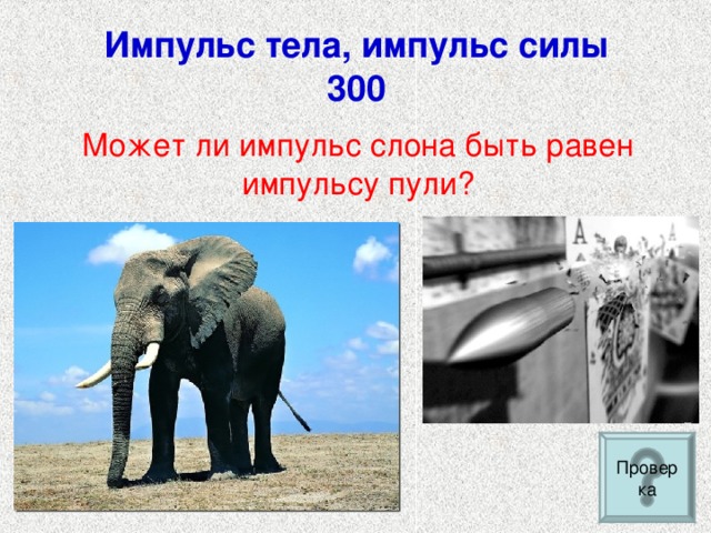 Импульс тела, импульс силы  300  Может ли импульс слона быть равен импульсу пули? Проверка