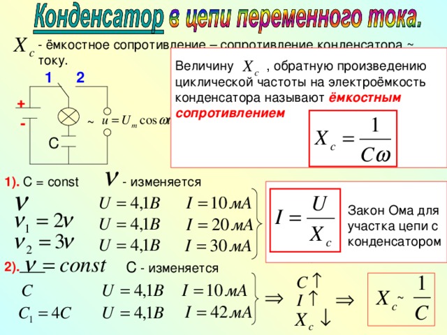 - ёмкостное сопротивление – сопротивление конденсатора ~ току. Величину , обратную произведению циклической частоты на электроёмкость конденсатора называют ёмкостным сопротивлением 1 2 + ~ ~ - ~ С 1). С = const - изменяется  Закон Ома для участка цепи с конденсатором С - изменяется 2).  ~