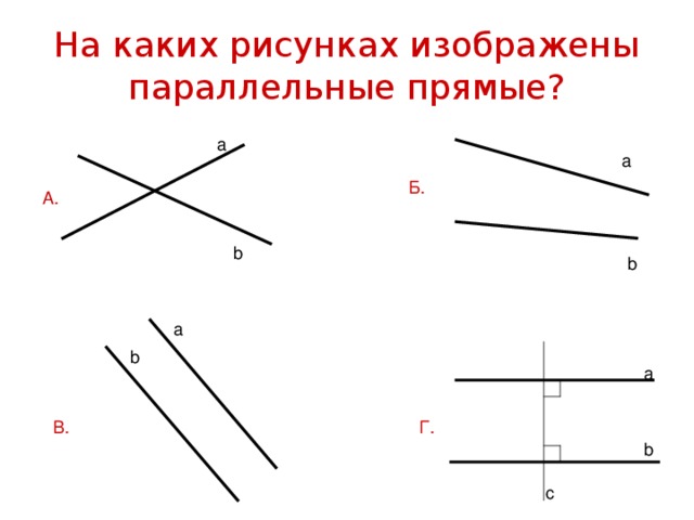 На каких рисунках изображены параллельные прямые? а а Б. А. b b а b а Г. В. b с