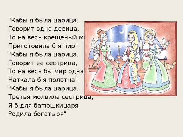 Кабы я была царица. Три девицы под окном стих. Три девицы под окном пряли поздно вечерком. Кабы я была царица говорит.