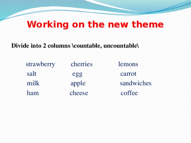 Working on the new theme Divide into 2 columns \countable, uncountable\  strawberry cherries lemons  salt egg carrot  milk apple sandwiches  ham cheese coffee