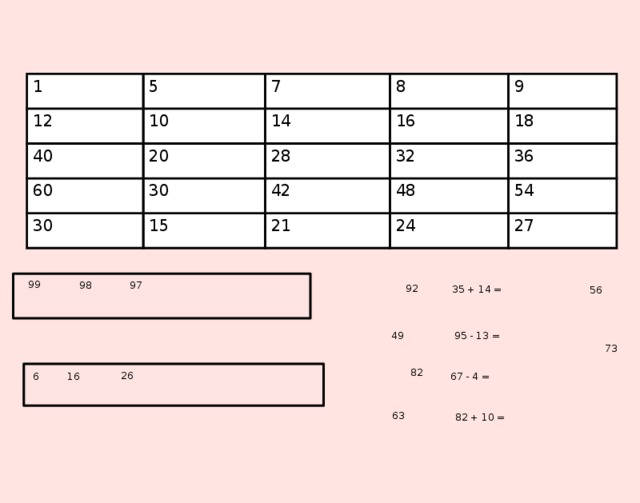 1 12 5 7 10 40 8 14 20 60 30 9 16 28 30 42 15 32 18 36 21 48 54 24 27 99 97 98 92 35 + 14 = 56 49 95 - 13 = 73 82 26 67 - 4 = 16 6 63 82 + 10 =