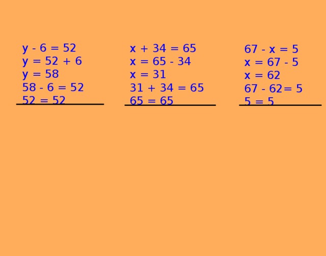 у - 6 = 52 у = 52 + 6 у = 58 58 - 6 = 52 52 = 52 х + 34 = 65 х = 65 - 34 х = 31 31 + 34 = 65 65 = 65 67 - х = 5 х = 67 - 5 х = 62 67 - 62= 5 5 = 5