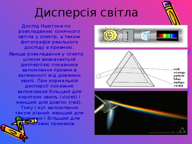 Дисперсія світла Дослід Ньютона по розкладанню сонячного світла у спектр, а також фотографія реального досліду з призмою. Явище розкладання у спектр цілком визначається дисперсією показника заломлення призми в залежності від довжини хвилі. При нормальній дисперсії показник заломлення більший для коротких хвиль (violet) і менший для довгих (red). Тому і кут заломлення також різний: менший для червоних і більший для фіолетових променів.