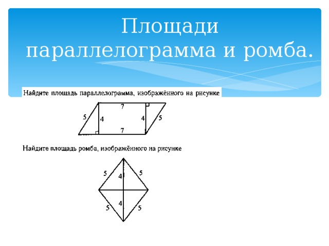 Площади параллелограмма и ромба.