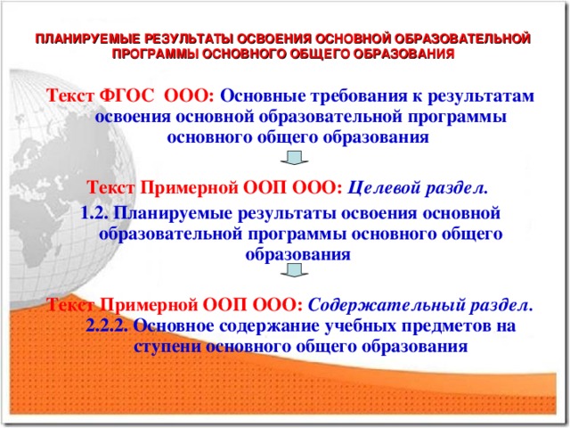 ПЛАНИРУЕМЫЕ РЕЗУЛЬТАТЫ ОСВОЕНИЯ ОСНОВНОЙ ОБРАЗОВАТЕЛЬНОЙ ПРОГРАММЫ ОСНОВНОГО ОБЩЕГО ОБРАЗОВАНИЯ Текст ФГОС ООО: Основные требования к результатам освоения основной образовательной программы основного общего образования   Текст Примерной ООП ООО:  Целевой раздел. 1.2.  Планируемые результаты освоения основной образовательной программы основного общего образования   Текст Примерной ООП ООО:  Содержательный раздел. 2.2.2. Основное содержание учебных предметов на ступени основного общего образования