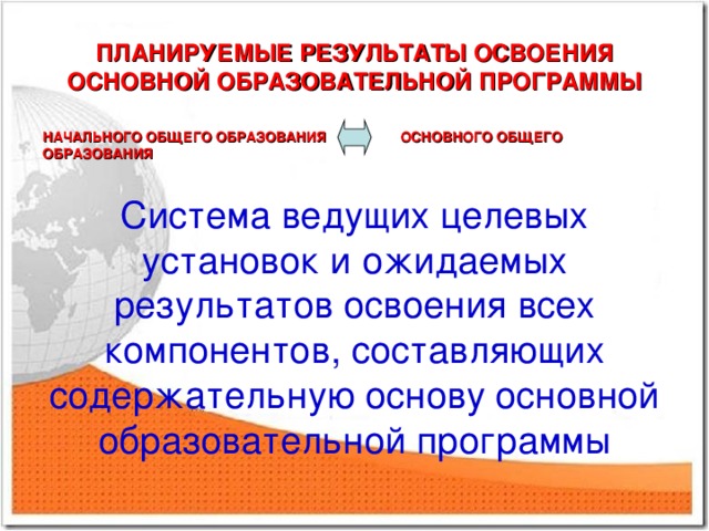 ПЛАНИРУЕМЫЕ РЕЗУЛЬТАТЫ ОСВОЕНИЯ ОСНОВНОЙ ОБРАЗОВАТЕЛЬНОЙ ПРОГРАММЫ НАЧАЛЬНОГО ОБЩЕГО ОБРАЗОВАНИЯ ОСНОВНОГО ОБЩЕГО ОБРАЗОВАНИЯ  Система ведущих целевых установок и ожидаемых результатов освоения всех компонентов, составляющих содержательную основу основной образовательной программы