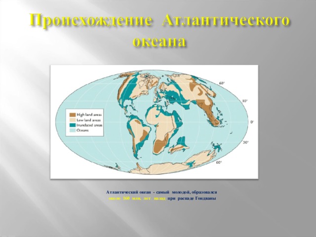 Атлантический океан - самый молодой, образовался  около 160 млн. лет назад при распаде Гондваны