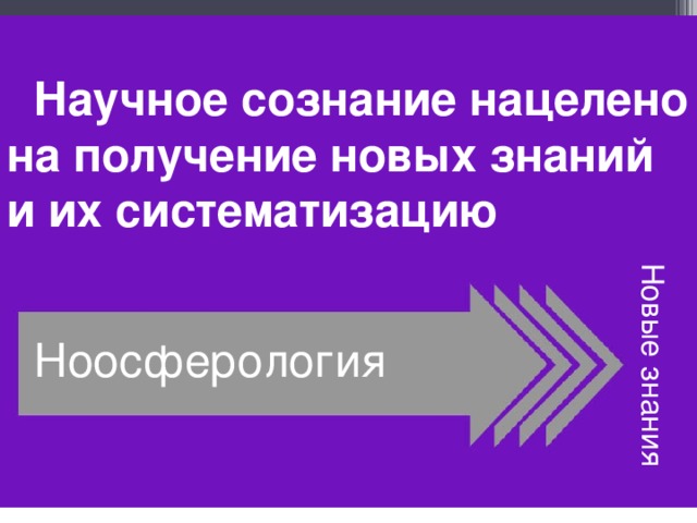 Новые знания  Научное сознание нацелено на получение новых знаний и их систематизацию Ноосферология