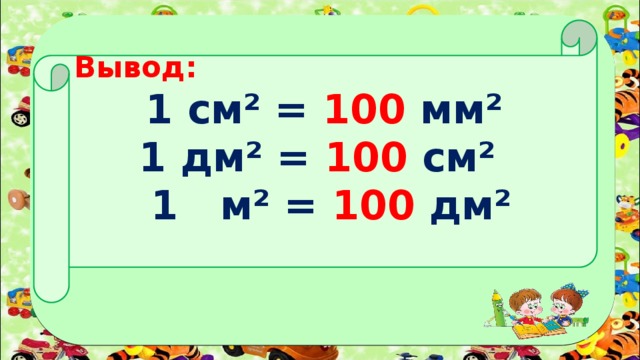 Вывод: 1 см² = 100 мм² 1 дм² = 100 см²  1 м² = 100 дм²