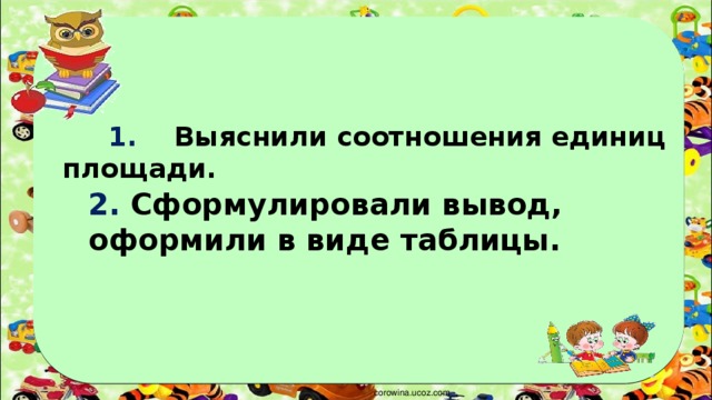 1. Выяснили соотношения единиц площади.        2. Сформулировали вывод, оформили в виде таблицы.      corowina.ucoz.com