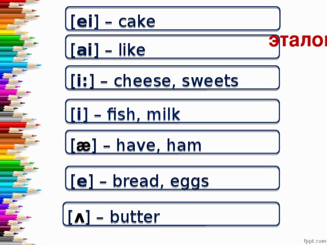 [ ei ] – cake эталон [ ai ] – like [ i: ] – cheese, sweets [ i ] – fish, milk [ æ ] – have, ham [ e ] – bread, eggs [ ʌ ] – butter