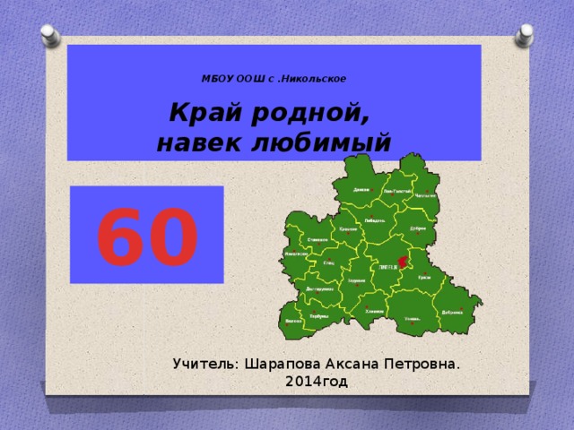 МБОУ ООШ с .Никольское   Край родной,  навек любимый 60 Учитель: Шарапова Аксана Петровна. 2014год