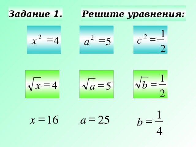 Решите уравнения: Задание 1. 1  2  2 с  4 2 х 5 а 2 1   b  х 4 5 а 2 Актуализация. Знаний. Используется триггер. 1   25 a 16 x  b 4