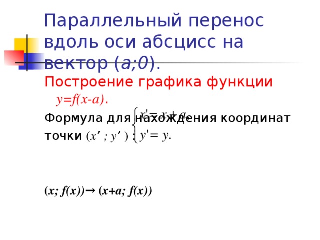 Параллельный перенос вдоль оси абсцисс на вектор ( a;0 ). Построение графика функции y=f(x - a) . Формула для нахождения координат точки ( x ’  ;  y ’  )  :  ( x;  f(x) ) → ( x +а ;  f(x) )